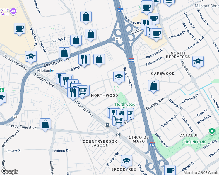 map of restaurants, bars, coffee shops, grocery stores, and more near 2075 Lakewood Drive in San Jose