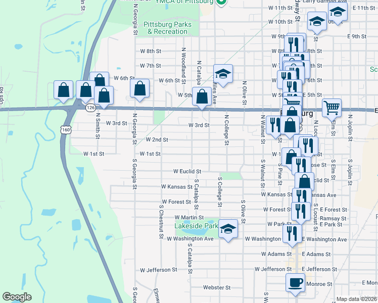 map of restaurants, bars, coffee shops, grocery stores, and more near 708 West 1st Street in Pittsburg