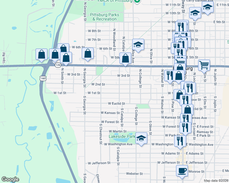 map of restaurants, bars, coffee shops, grocery stores, and more near 708 West 1st Street in Pittsburg