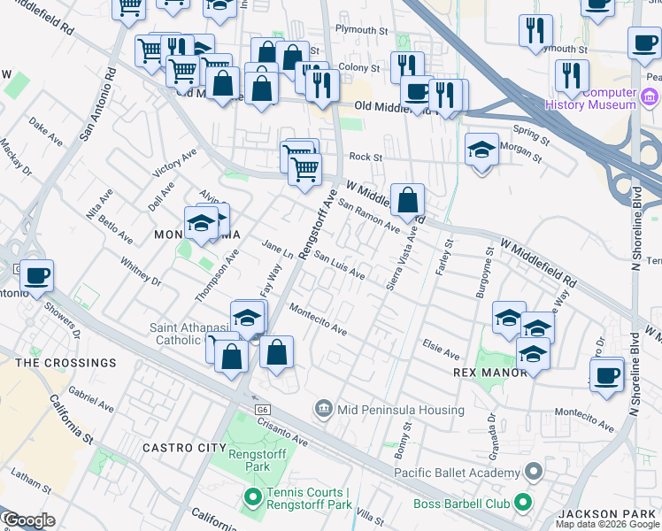 map of restaurants, bars, coffee shops, grocery stores, and more near 2034 San Luis Avenue in Mountain View