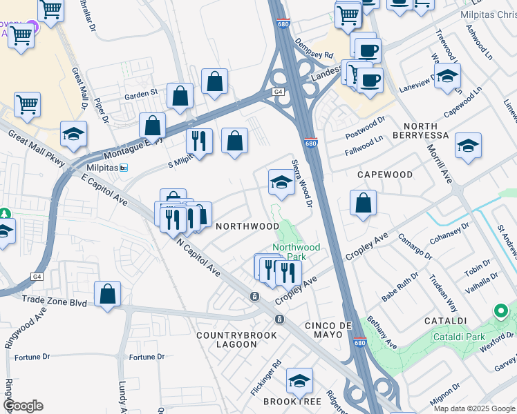 map of restaurants, bars, coffee shops, grocery stores, and more near 2075 Lakewood Drive in San Jose
