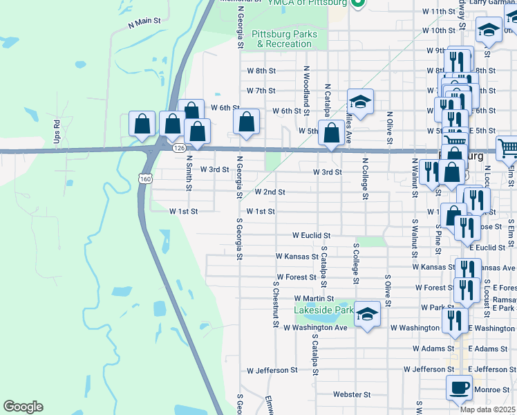 map of restaurants, bars, coffee shops, grocery stores, and more near 812 West 1st Street in Pittsburg