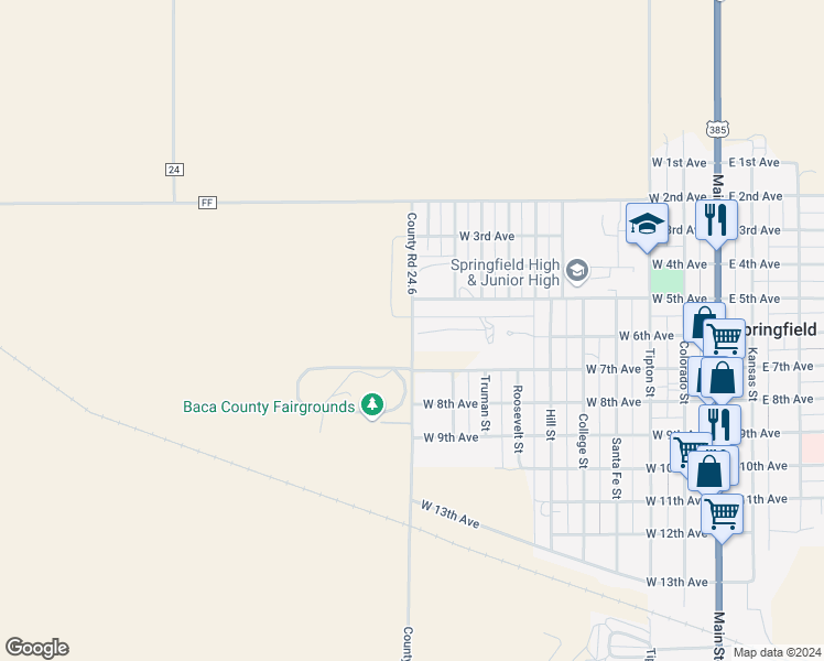 map of restaurants, bars, coffee shops, grocery stores, and more near 28678 County Road 24.6 in Springfield