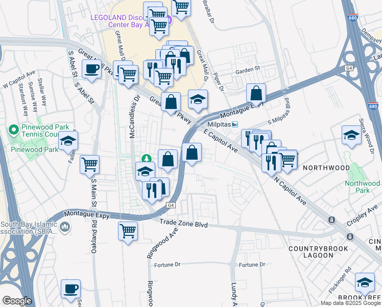 map of restaurants, bars, coffee shops, grocery stores, and more near 1625 Delano Street in Milpitas