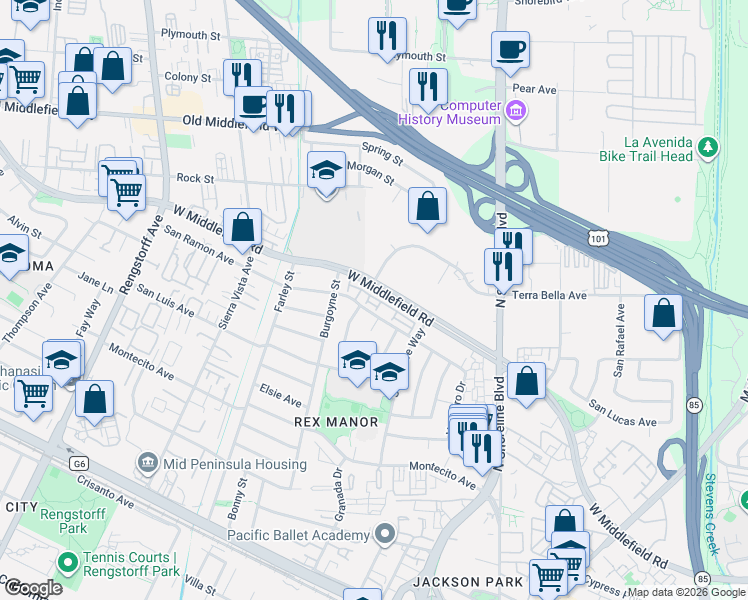map of restaurants, bars, coffee shops, grocery stores, and more near 73 West Middlefield Road in Mountain View