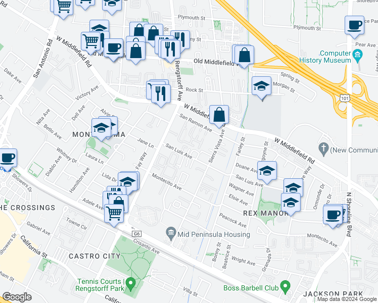map of restaurants, bars, coffee shops, grocery stores, and more near 416 Saint Emilion Court in Mountain View