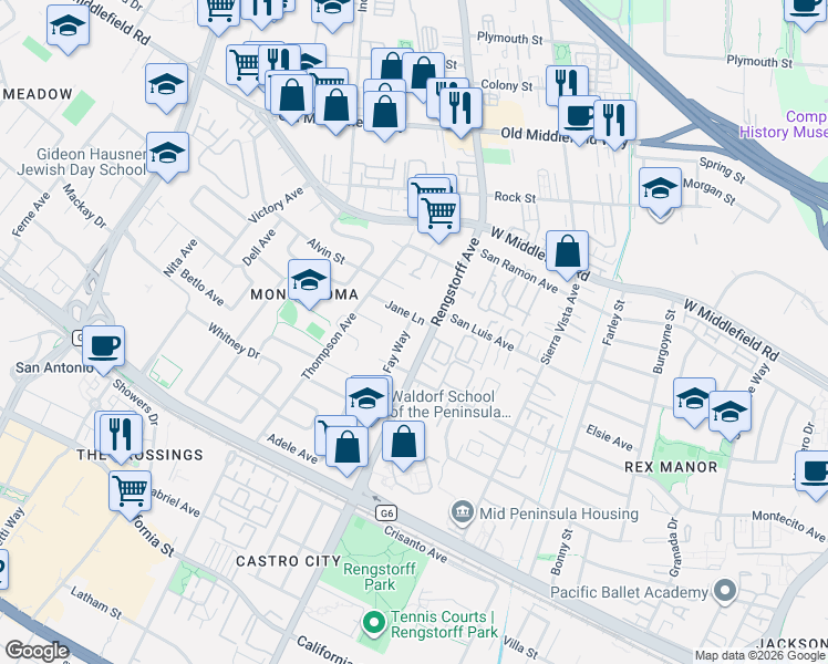 map of restaurants, bars, coffee shops, grocery stores, and more near 368 Fay Way in Mountain View