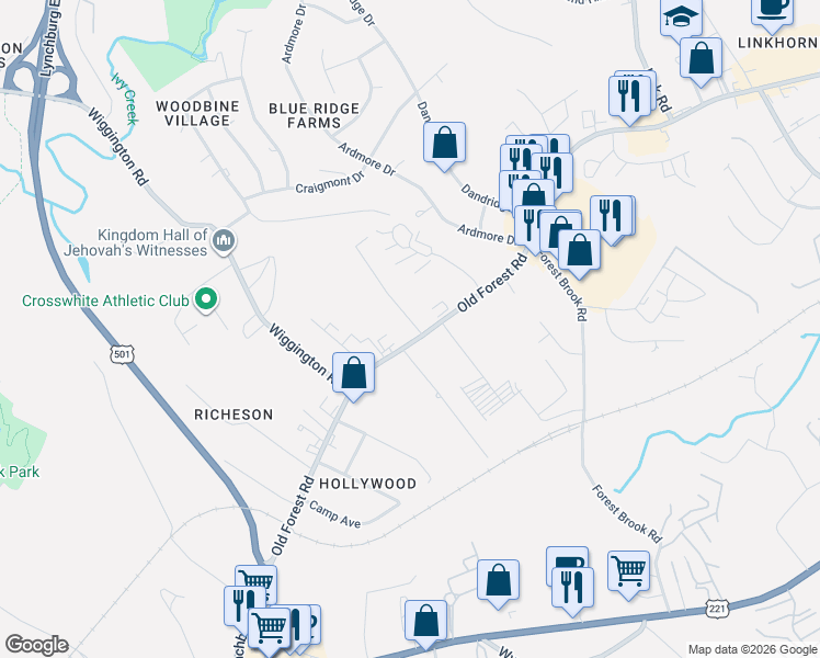 map of restaurants, bars, coffee shops, grocery stores, and more near 3600 Old Forest Road in Lynchburg