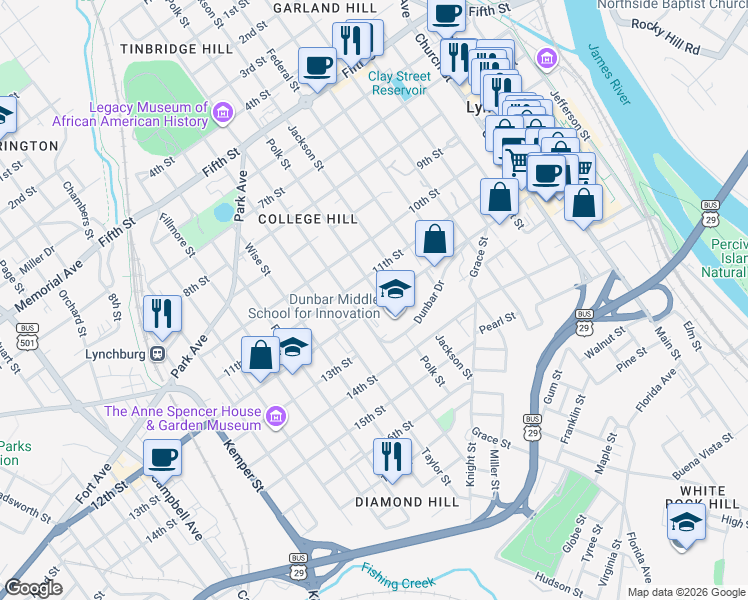 map of restaurants, bars, coffee shops, grocery stores, and more near 1005 12th Street in Lynchburg