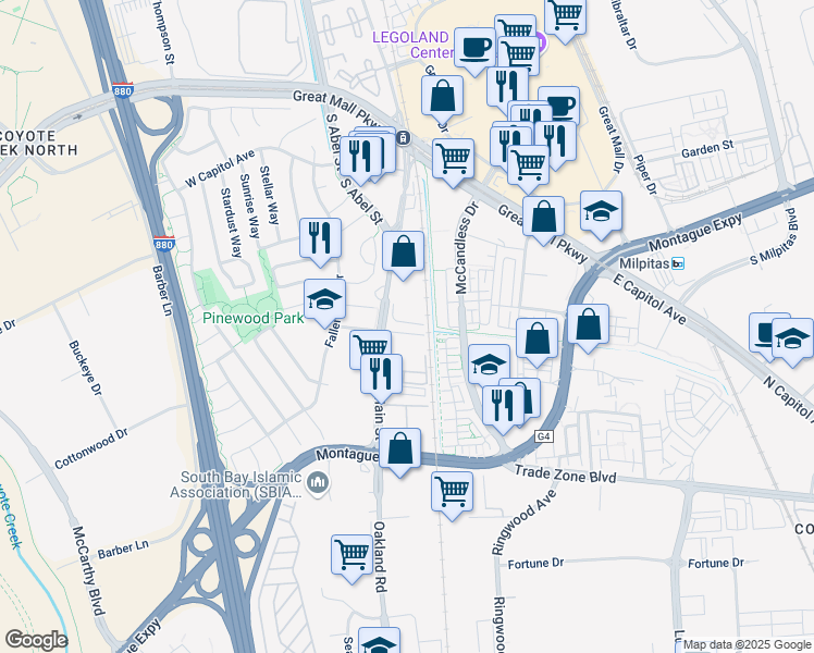 map of restaurants, bars, coffee shops, grocery stores, and more near 1556 South Main Street in Milpitas