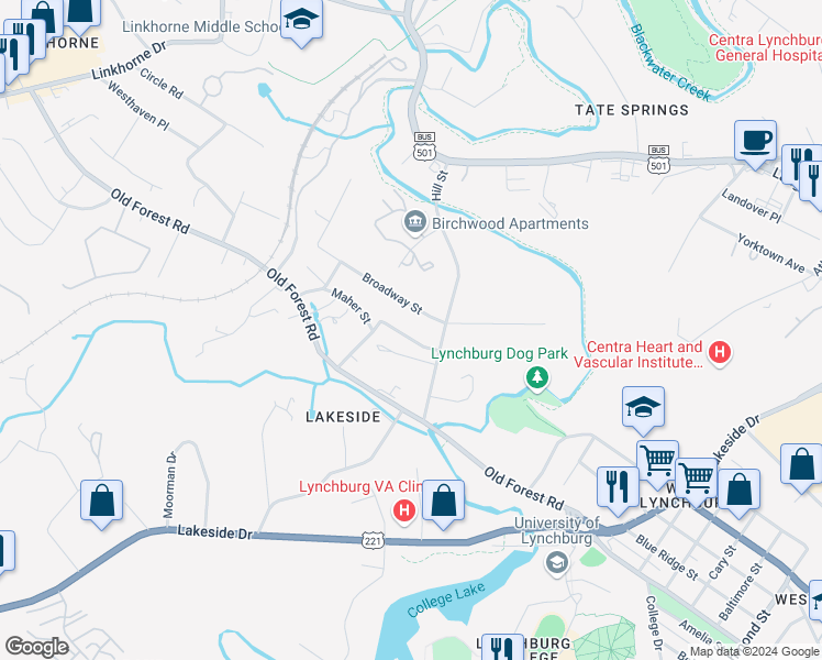 map of restaurants, bars, coffee shops, grocery stores, and more near 1916 Roxbury Street in Lynchburg