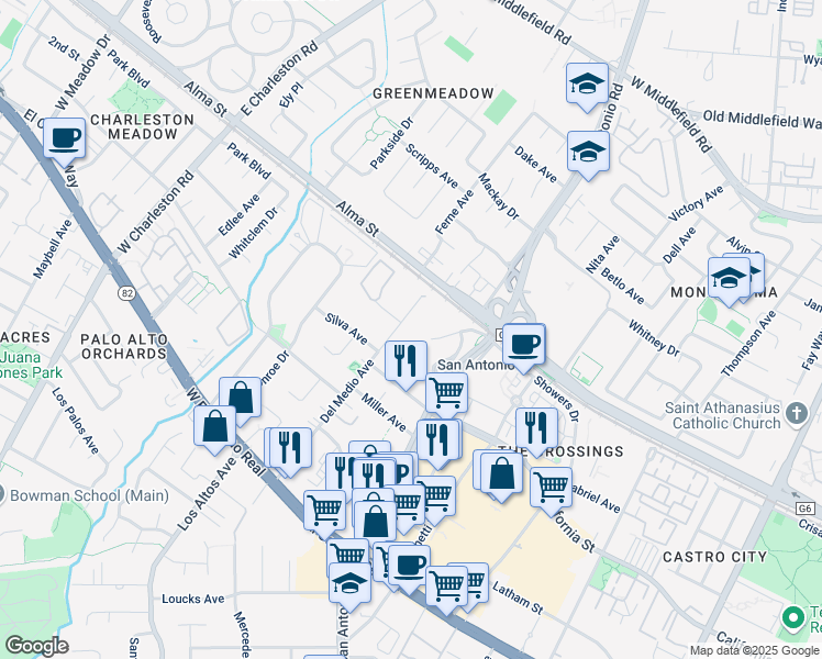 map of restaurants, bars, coffee shops, grocery stores, and more near 181 Del Medio Avenue in Mountain View