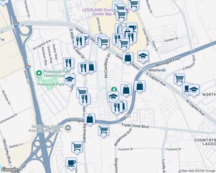 map of restaurants, bars, coffee shops, grocery stores, and more near 1576 McCandless Drive in Milpitas