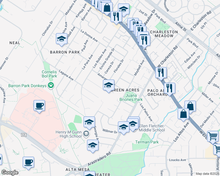 map of restaurants, bars, coffee shops, grocery stores, and more near 616 Georgia Avenue in Palo Alto