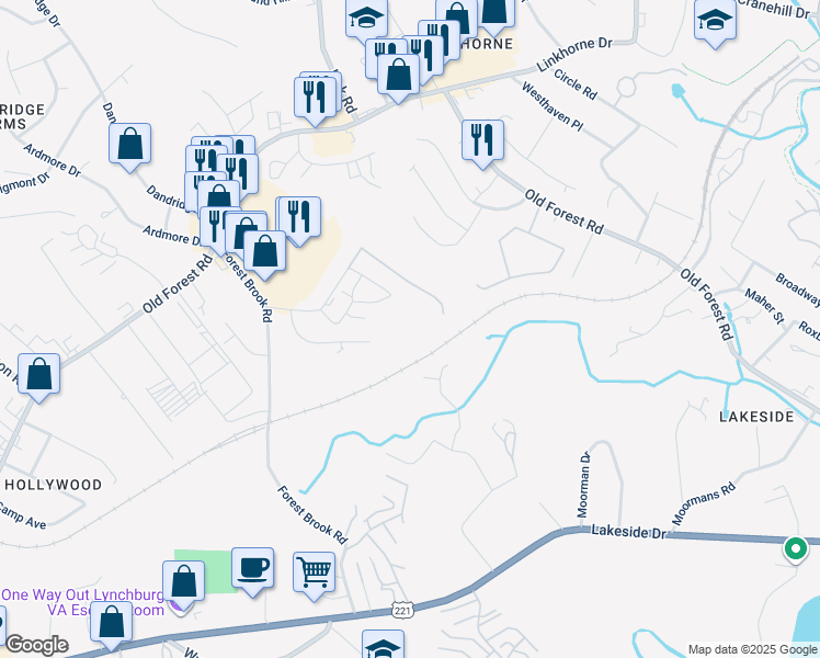 map of restaurants, bars, coffee shops, grocery stores, and more near 202 Adam Place in Lynchburg