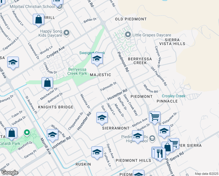 map of restaurants, bars, coffee shops, grocery stores, and more near 3224 Falmouth Street in San Jose