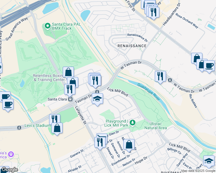 map of restaurants, bars, coffee shops, grocery stores, and more near Tasman Dr & Lick Mill Blvd in Santa Clara