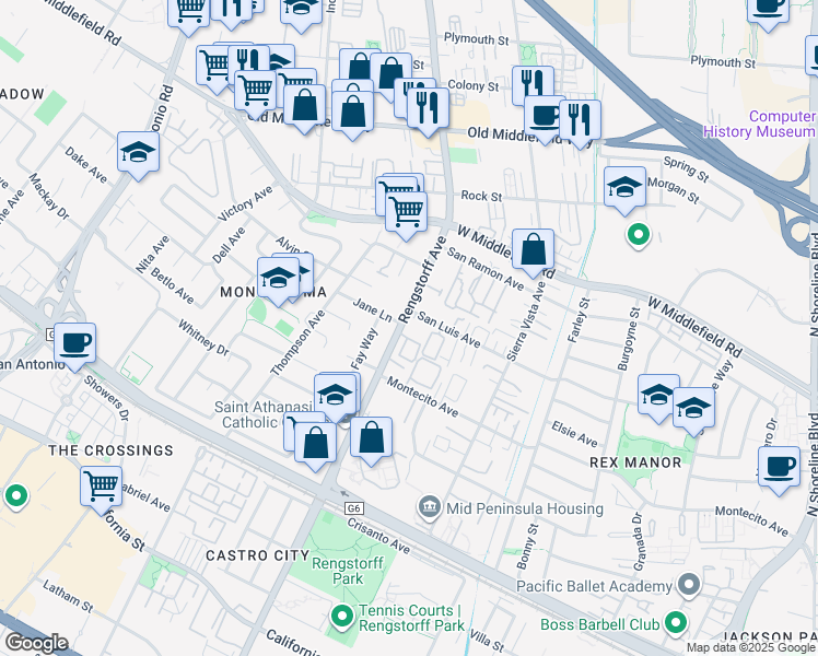 map of restaurants, bars, coffee shops, grocery stores, and more near 363 North Rengstorff Avenue in Mountain View