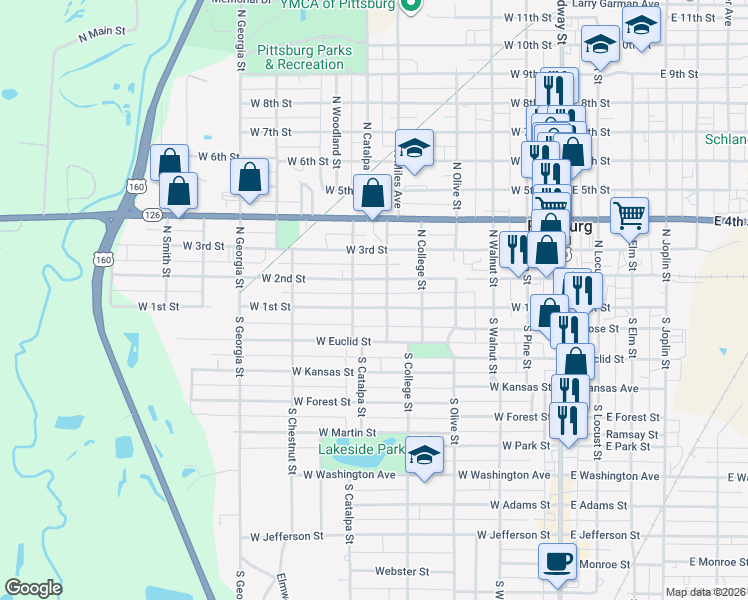 map of restaurants, bars, coffee shops, grocery stores, and more near 606 West 1st Street in Pittsburg