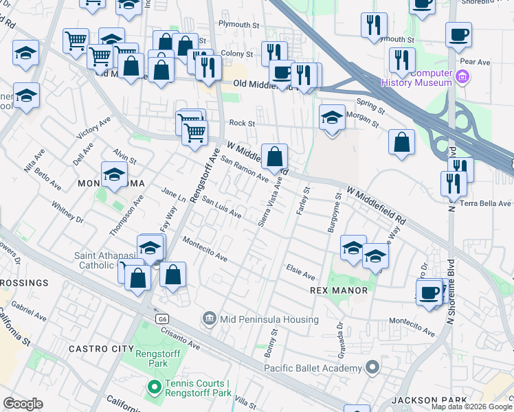 map of restaurants, bars, coffee shops, grocery stores, and more near 465 Sierra Vista Avenue in Mountain View