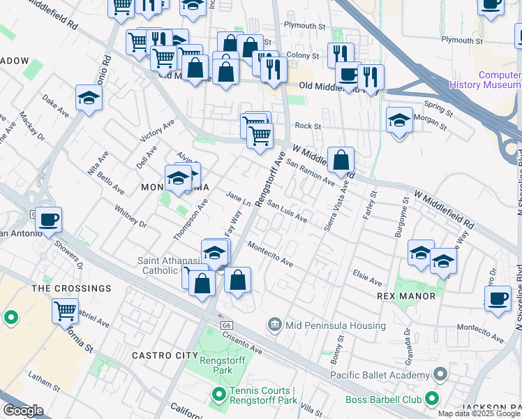 map of restaurants, bars, coffee shops, grocery stores, and more near 363 North Rengstorff Avenue in Mountain View