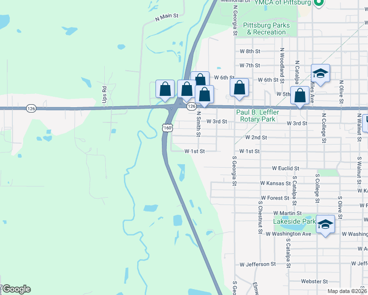 map of restaurants, bars, coffee shops, grocery stores, and more near 1116 West 1st Street in Pittsburg