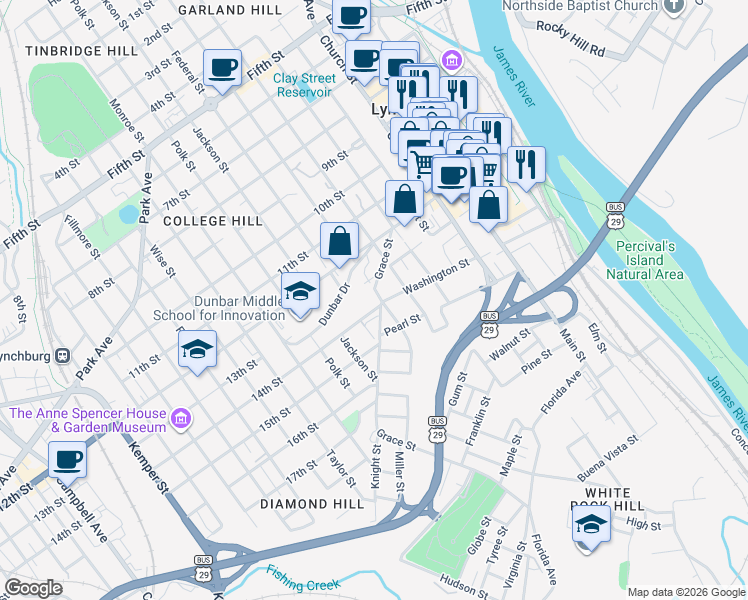 map of restaurants, bars, coffee shops, grocery stores, and more near in Lynchburg