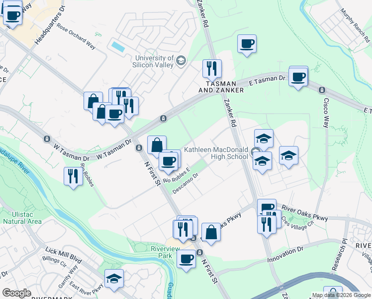 map of restaurants, bars, coffee shops, grocery stores, and more near 85 Rio Robles East in San Jose
