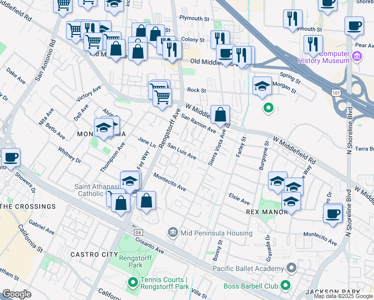 map of restaurants, bars, coffee shops, grocery stores, and more near 2012 San Luis Avenue in Mountain View