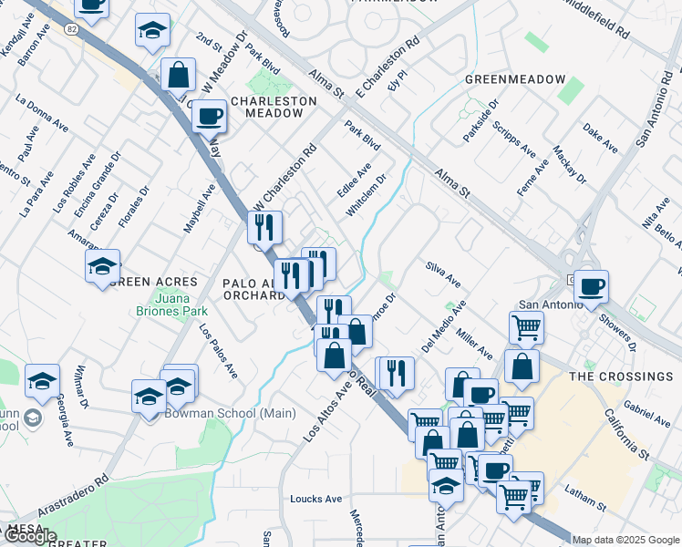 map of restaurants, bars, coffee shops, grocery stores, and more near 4292 Wilkie Way in Palo Alto