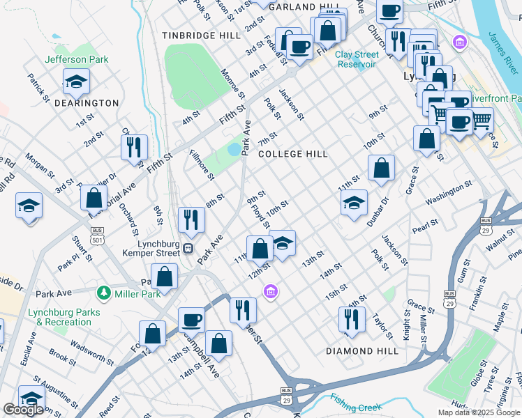 map of restaurants, bars, coffee shops, grocery stores, and more near 1301 10th Street in Lynchburg