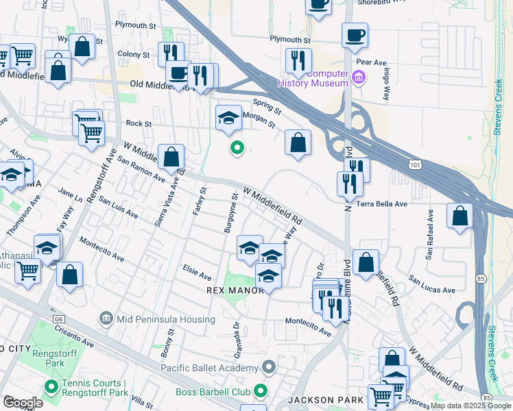 map of restaurants, bars, coffee shops, grocery stores, and more near 1269 Verano Road in Mountain View
