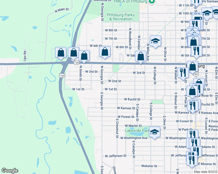 map of restaurants, bars, coffee shops, grocery stores, and more near 812 West 1st Street in Pittsburg