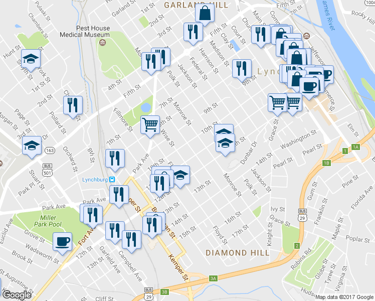 map of restaurants, bars, coffee shops, grocery stores, and more near 1011 Taylor Street in Lynchburg