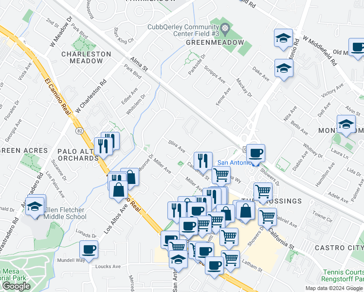map of restaurants, bars, coffee shops, grocery stores, and more near 4345 Silva Avenue in Palo Alto