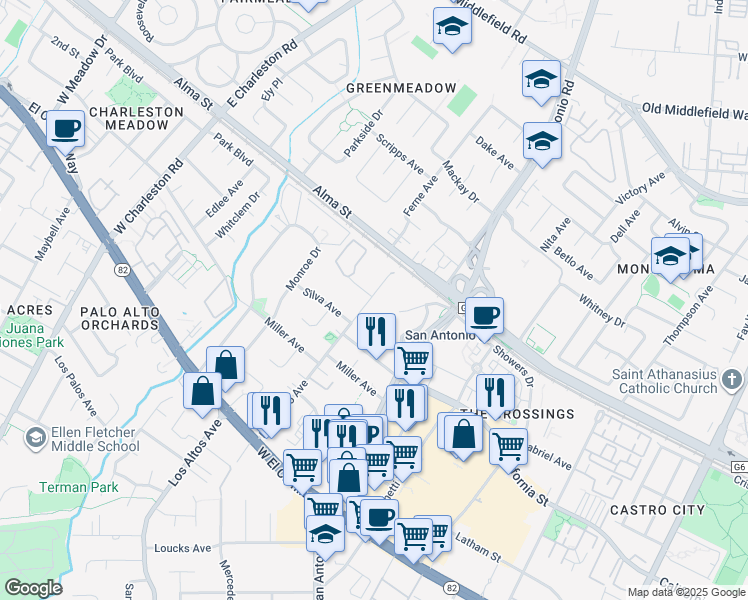 map of restaurants, bars, coffee shops, grocery stores, and more near 181 Del Medio Avenue in Mountain View