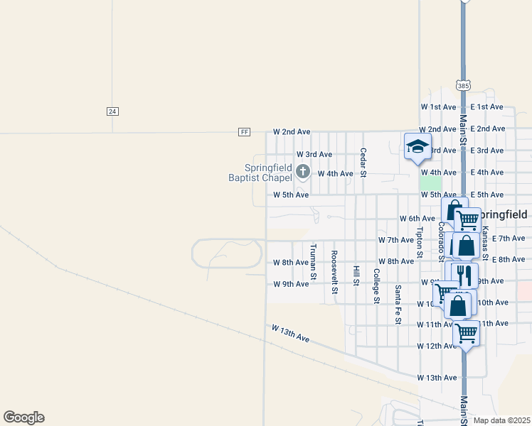 map of restaurants, bars, coffee shops, grocery stores, and more near 28678 County Road 24.6 in Springfield