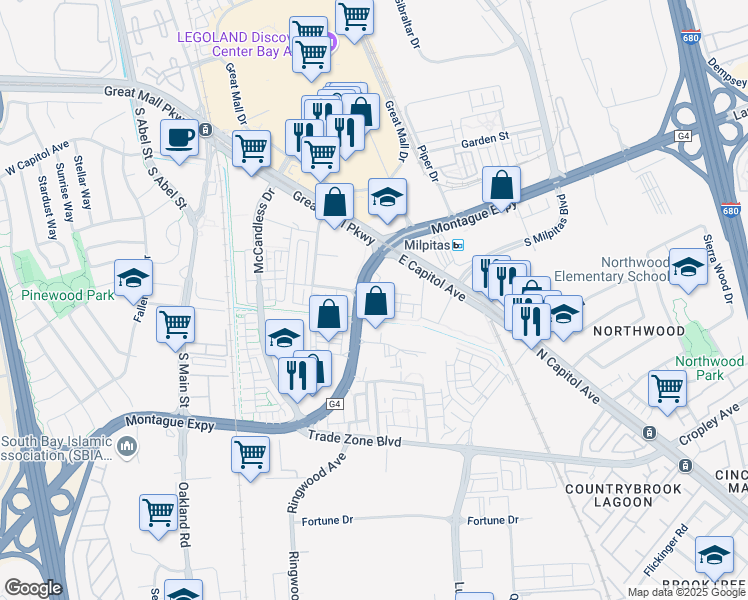 map of restaurants, bars, coffee shops, grocery stores, and more near 1625 Delano Street in Milpitas