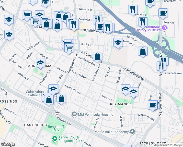 map of restaurants, bars, coffee shops, grocery stores, and more near 465 Sierra Vista Avenue in Mountain View