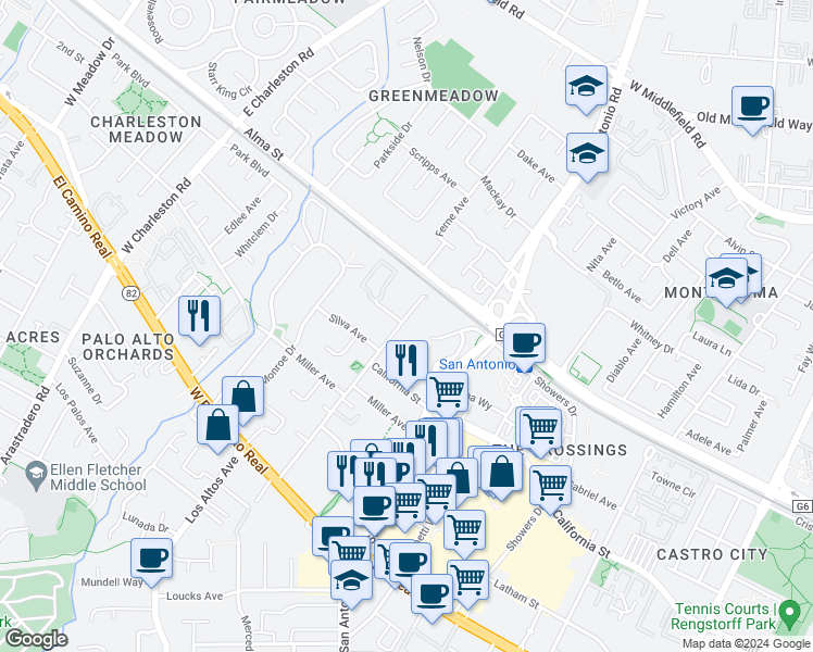 map of restaurants, bars, coffee shops, grocery stores, and more near 181 Del Medio Avenue in Mountain View
