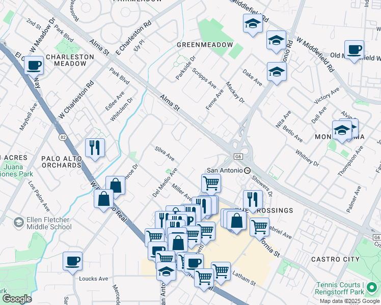 map of restaurants, bars, coffee shops, grocery stores, and more near 181 Del Medio Avenue in Mountain View