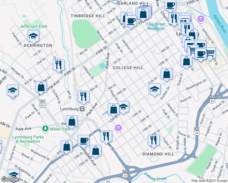 map of restaurants, bars, coffee shops, grocery stores, and more near 1301 10th Street in Lynchburg