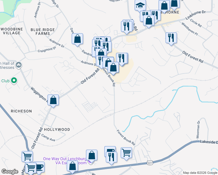 map of restaurants, bars, coffee shops, grocery stores, and more near 106 Holmes Circle in Lynchburg