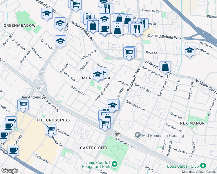 map of restaurants, bars, coffee shops, grocery stores, and more near 2340 Craig Court in Mountain View