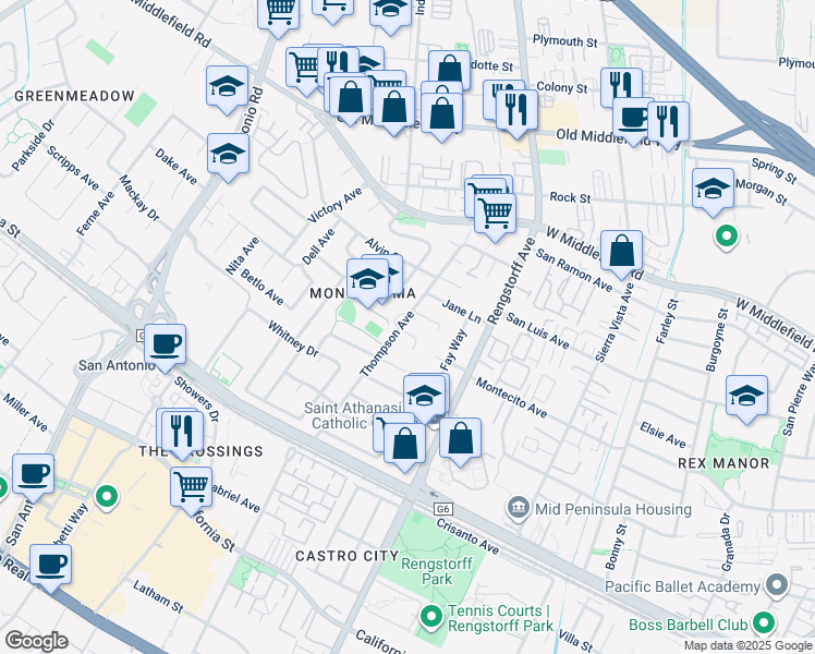 map of restaurants, bars, coffee shops, grocery stores, and more near 2340 Craig Court in Mountain View