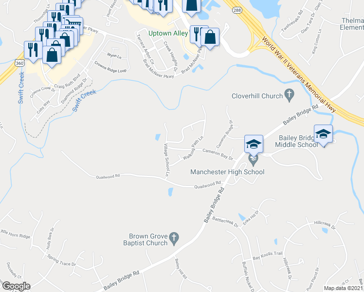 map of restaurants, bars, coffee shops, grocery stores, and more near 12755 Summerhouse Lane in Midlothian