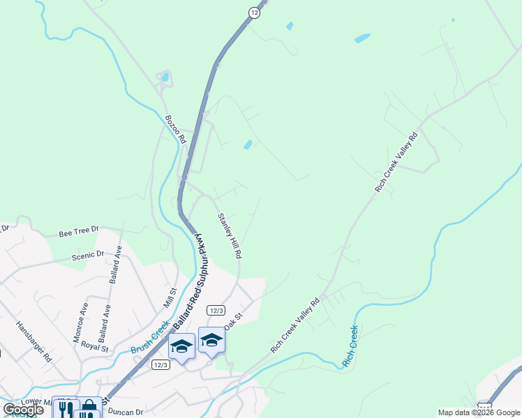map of restaurants, bars, coffee shops, grocery stores, and more near 166 Walnut Street in Peterstown