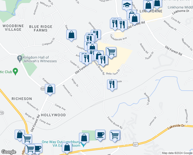 map of restaurants, bars, coffee shops, grocery stores, and more near 106 Holmes Circle in Lynchburg