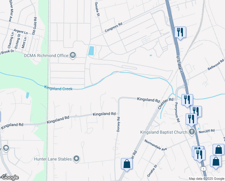 map of restaurants, bars, coffee shops, grocery stores, and more near 8500 Dorsey Road in Richmond