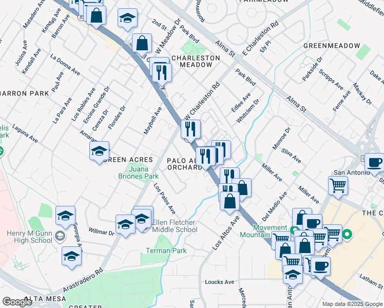 map of restaurants, bars, coffee shops, grocery stores, and more near 4230 California 82 in Palo Alto
